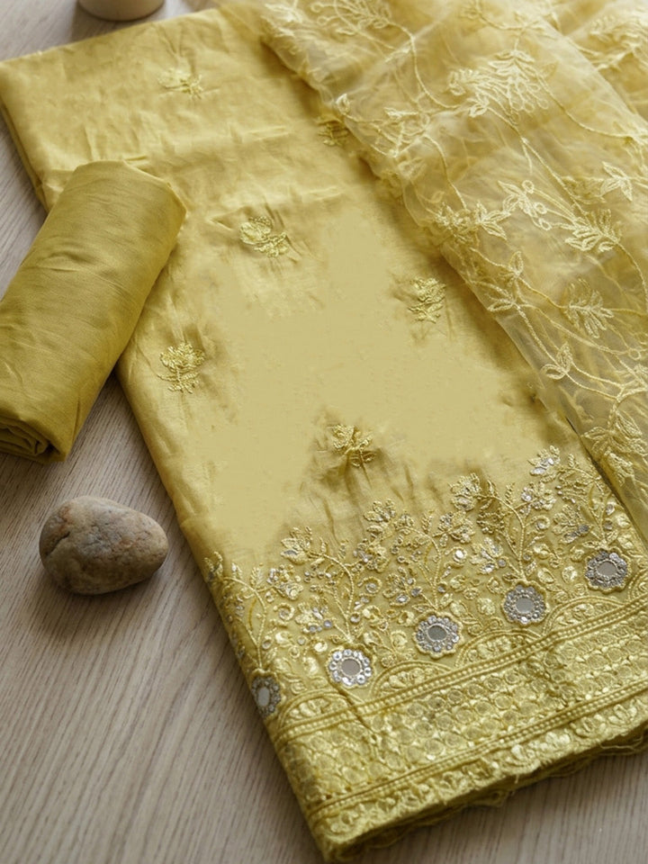 Embroidered Chanderi Unstitched Suit With Pant &amp; Dupatta