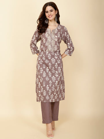 Neck Embroidery & Printed Cotton Kurta Set