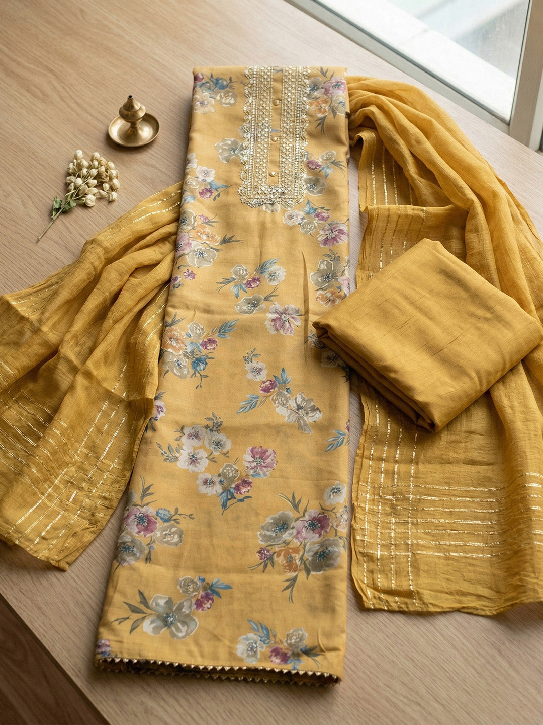 Embroidered Cotton Blend Unstitched Suit With Pant &amp; Dupatta