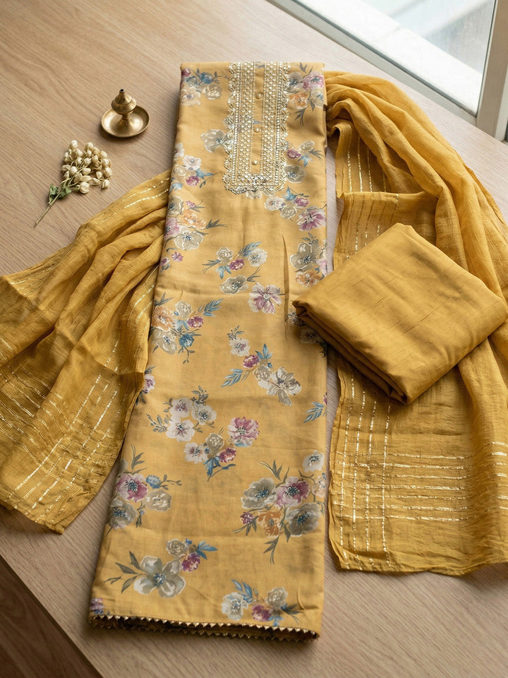 Embroidered Cotton Blend Unstitched Suit With Pant &amp; Dupatta