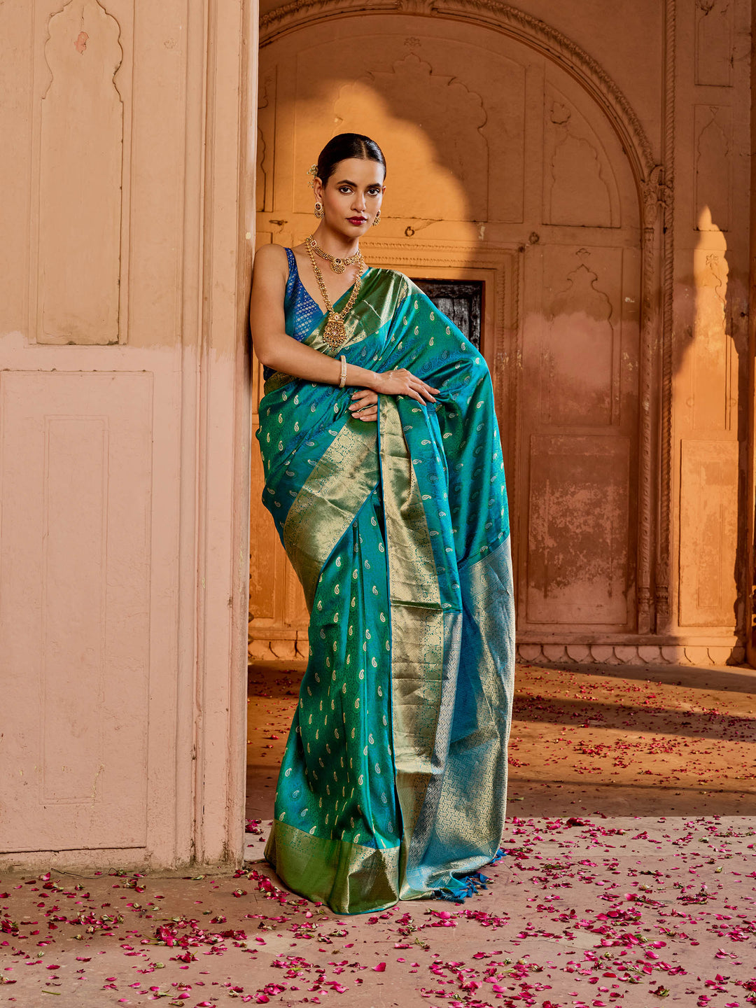 Lake Blue Hlame Woven Saree