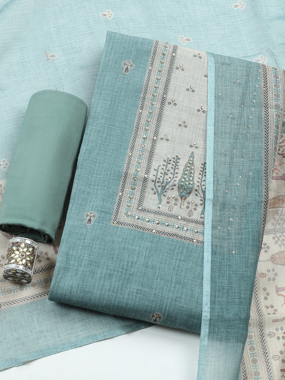 Printed Linen Blend Unstitched Suit With Pant &amp; Dupatta