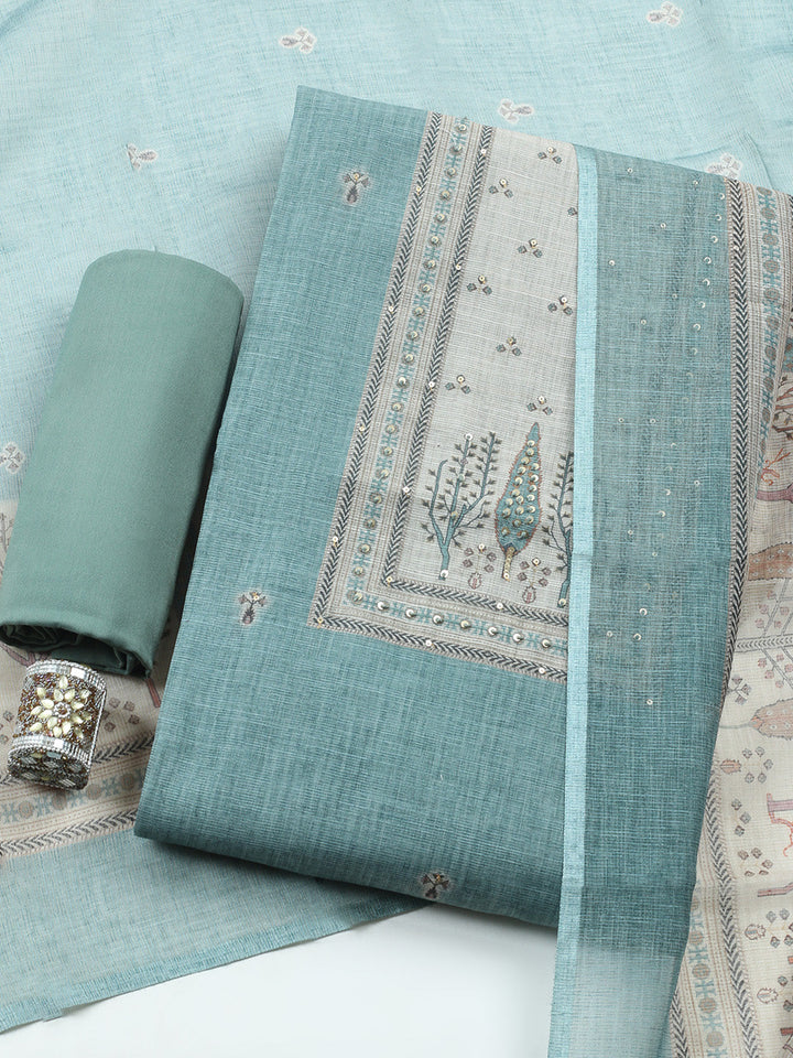Printed Linen Blend Unstitched Suit With Pant &amp; Dupatta