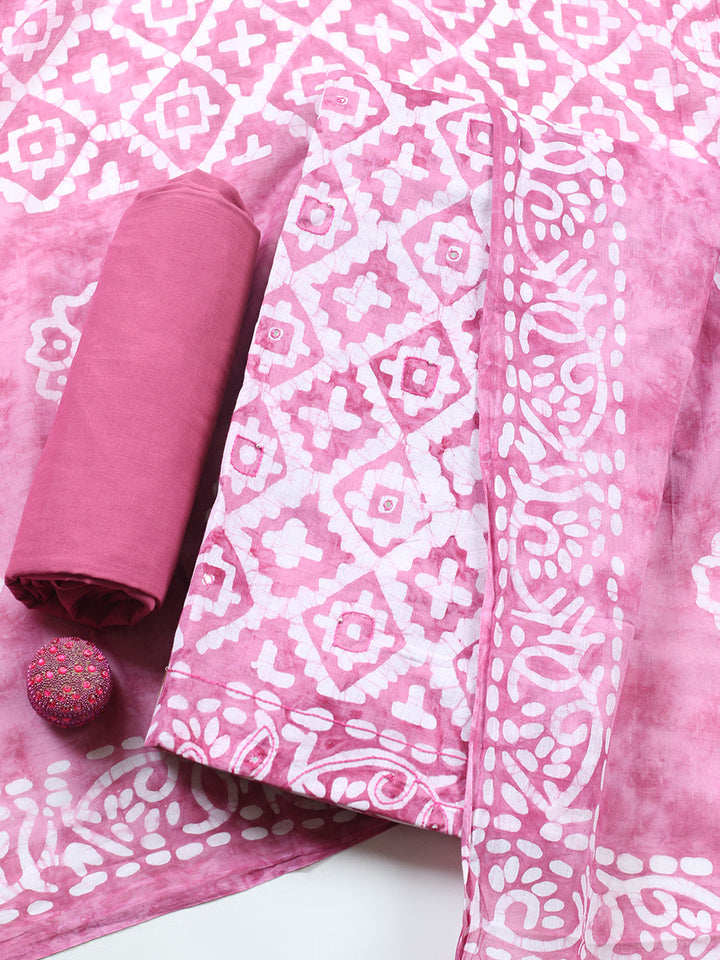 Printed Cotton Blend Unstitched Suit With Pant &amp; Dupatta