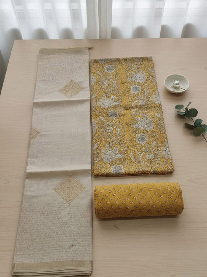 Printed Cotton Blend Unstitched Suit With Pant &amp; Dupatta