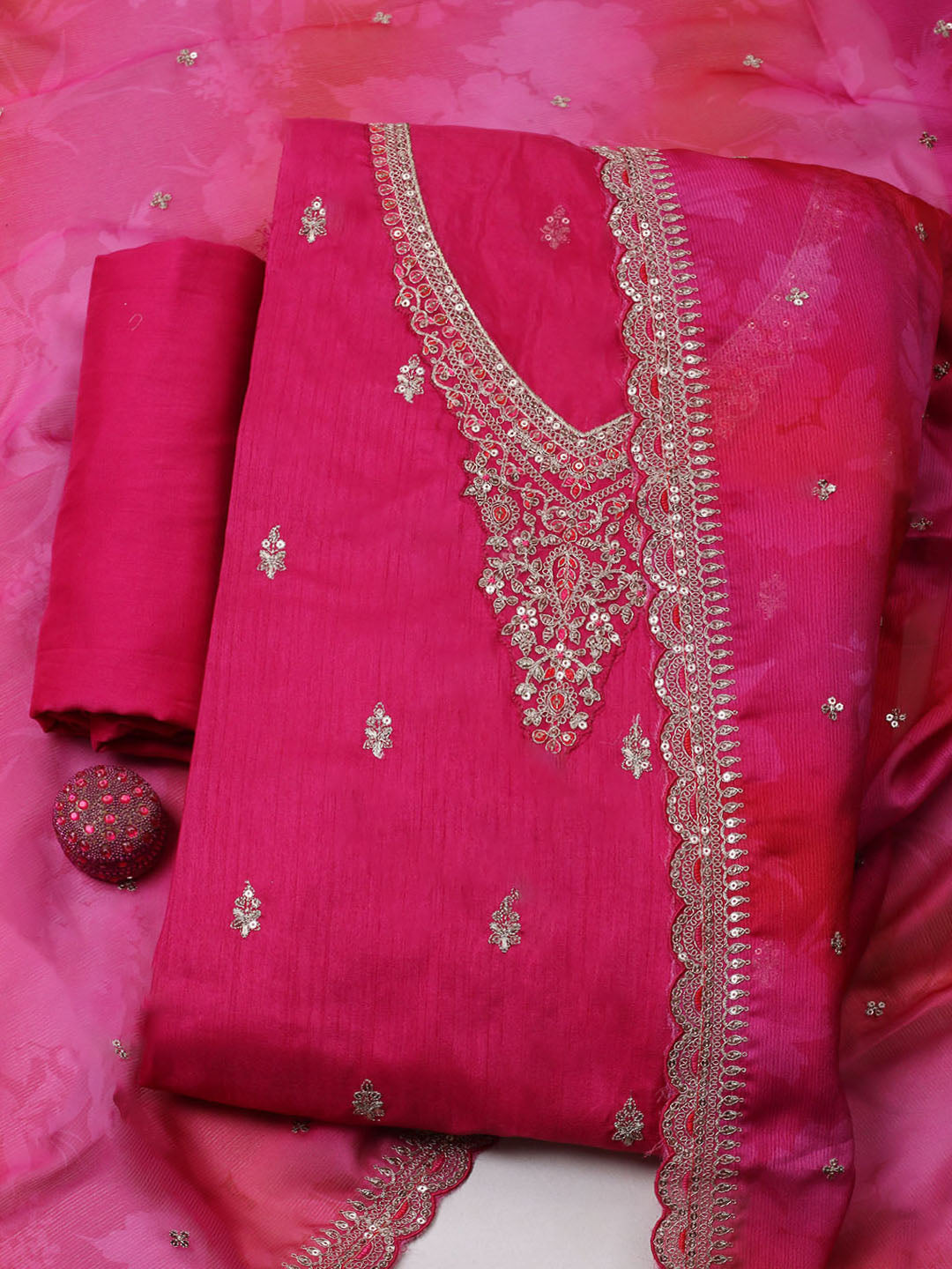 Embroidered Art Silk Unstitched Suit With Pant &amp; Dupatta