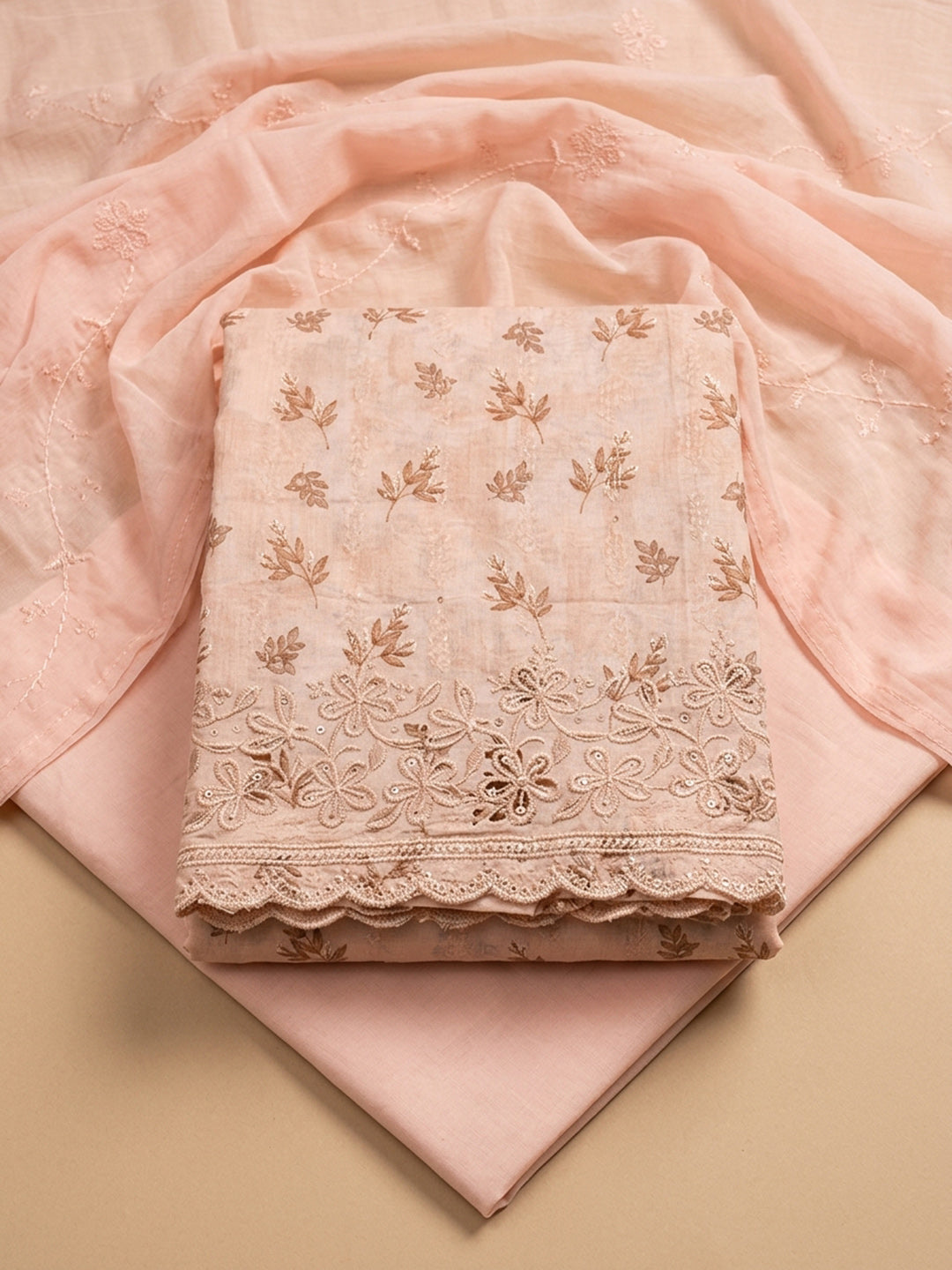 Peach Printed Cotton Blend Unstitched Suit &amp; Pant With Cotton Dupatta