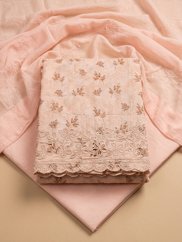 Peach Printed Cotton Blend Unstitched Suit &amp; Pant With Cotton Dupatta