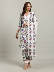 Floral Parinted Cotton Blend Kurta With Pants & Dupatta