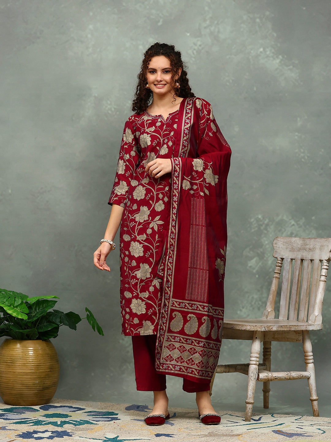 Printed Cotton Blend Kurta With Pants &amp; Dupatta