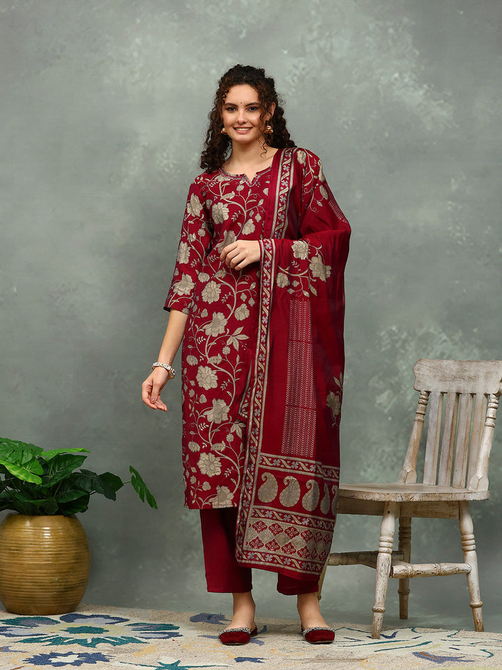 Printed Cotton Blend Kurta With Pants &amp; Dupatta