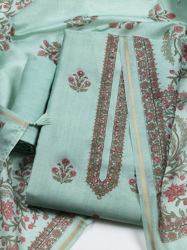 Embroidered Chanderi Unstitched Suit With Pant &amp; Dupatta