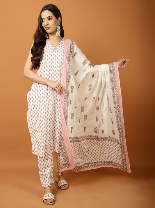 Printed Cotton Blend Suit Set with Dupatta