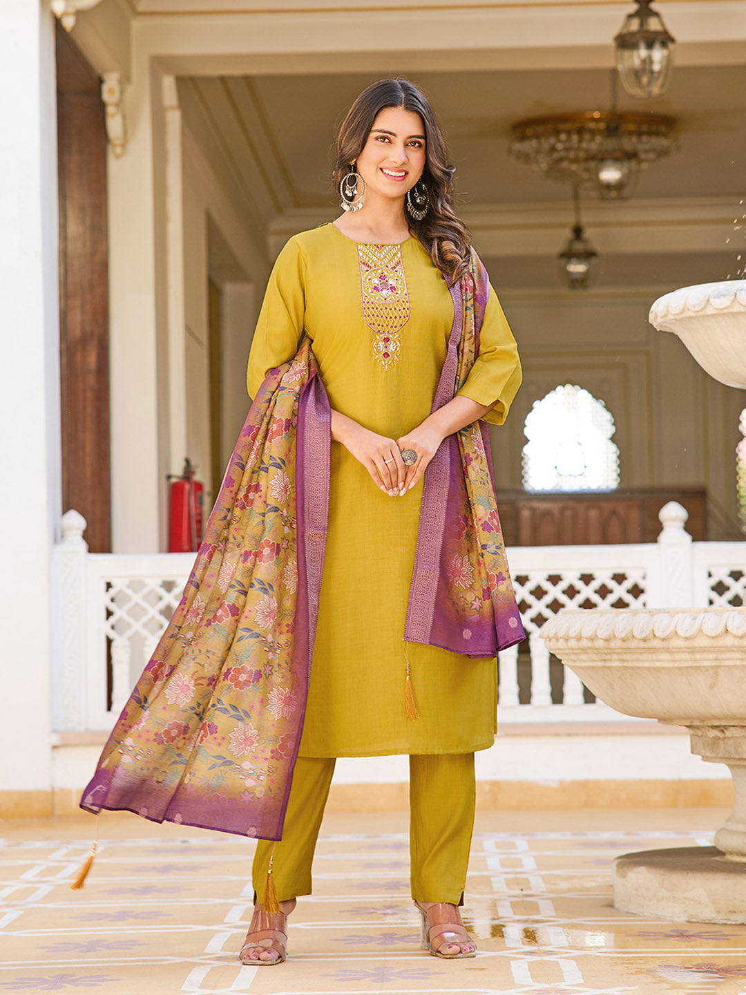 Neck Embroidery Cotton Blend Kurta With Pants &amp; Dupatta
