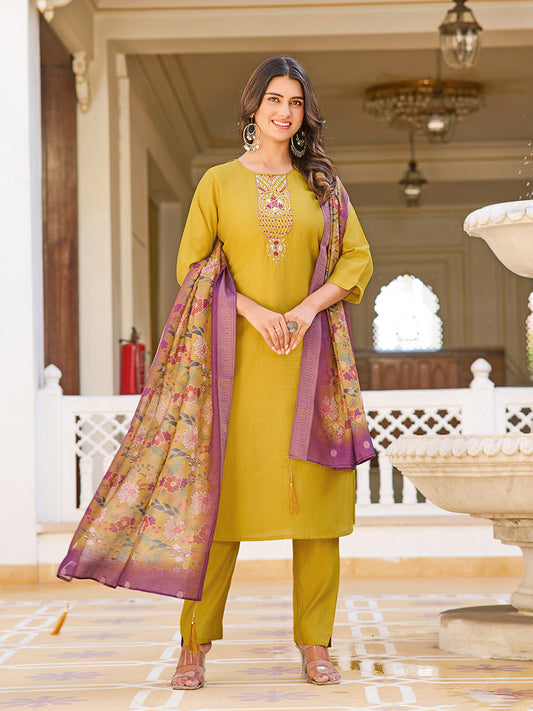 Neck Embroidery Cotton Blend Kurta With Pants & Dupatta