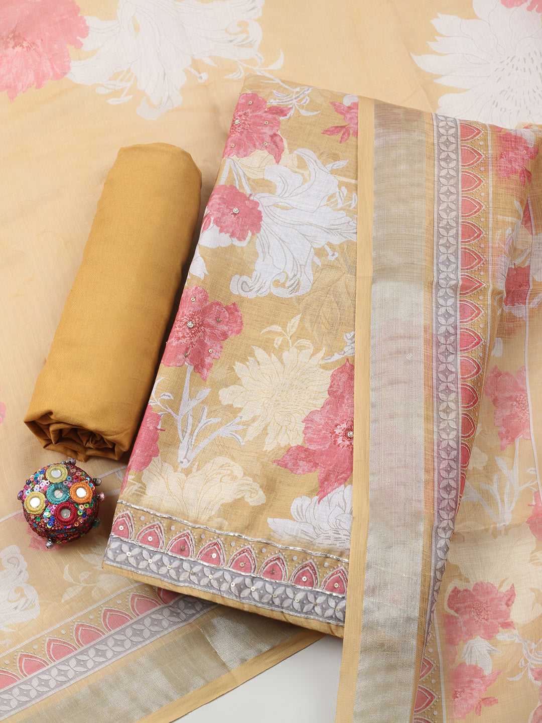 Embroidered Linen Blend Unstitched Suit With Pant &amp; Dupatta
