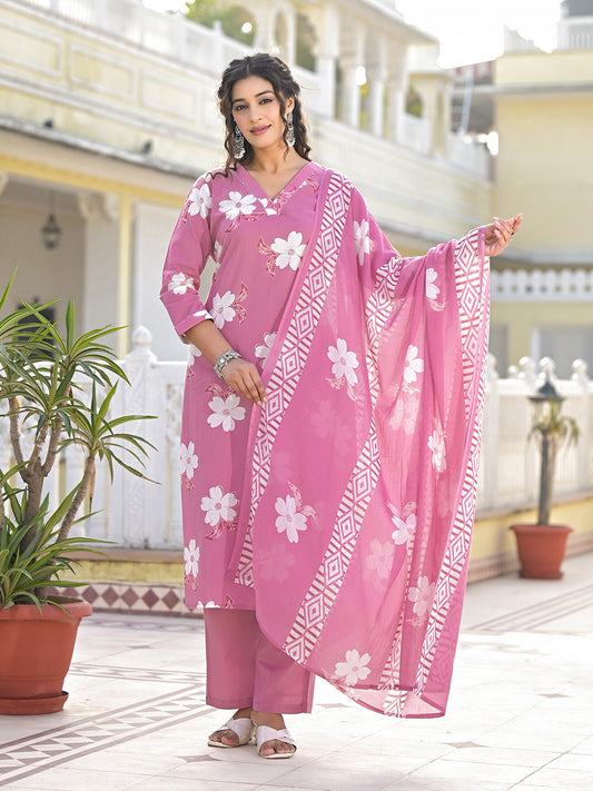 Printed Cotton Blend Kurta With Pants & Dupatta