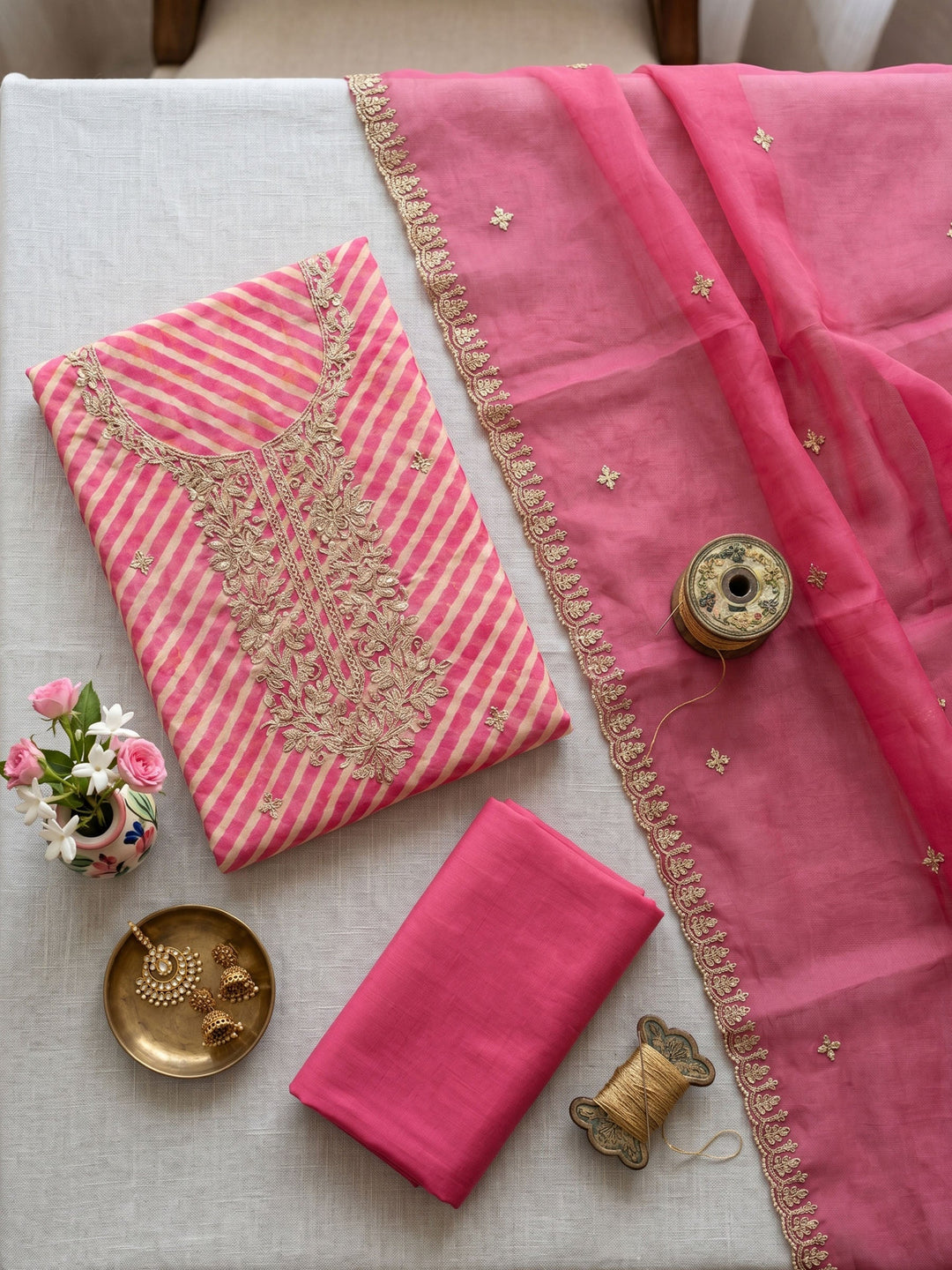 Neck Embroidered Organza Unstitched Suit With Dupatta