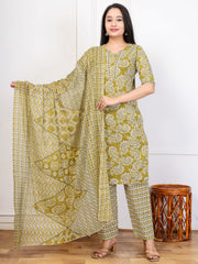 Embroidered Cotton Blend Kurta With Pant & Dupatta