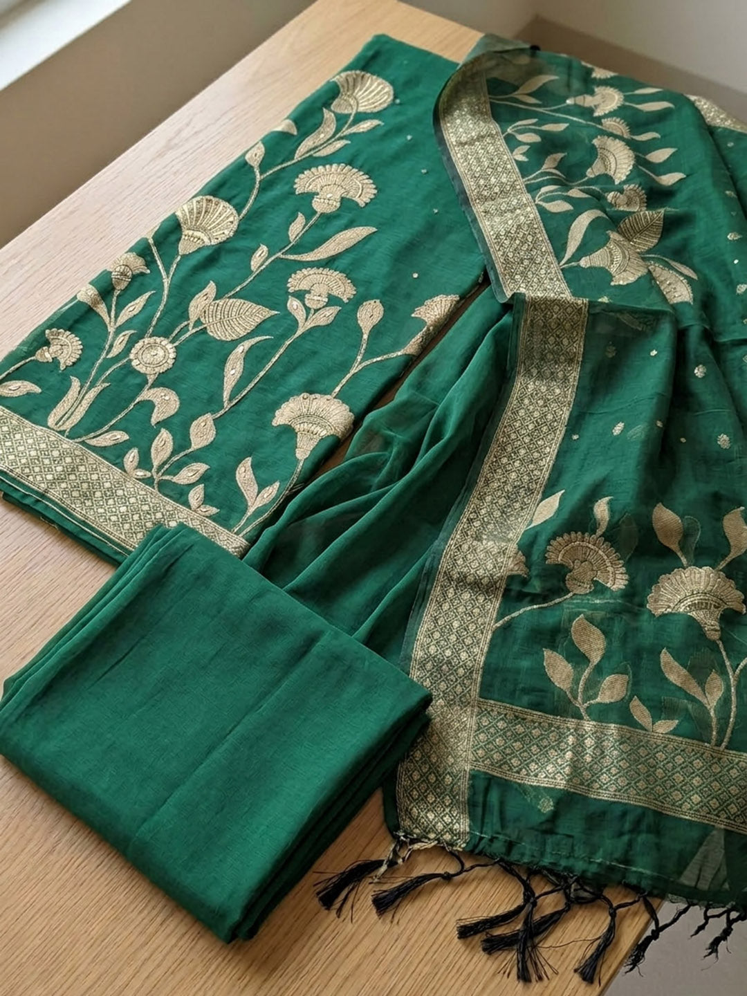 Embroidered Chanderi Unstitched Suit With Pant &amp; Dupatta