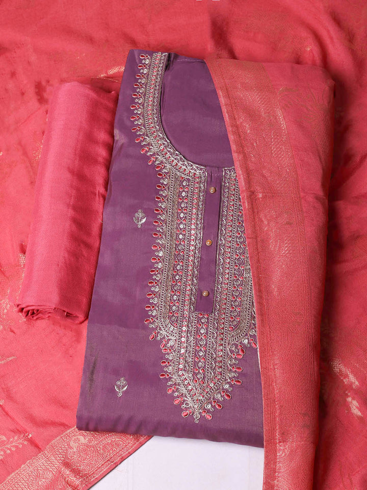 Embroidered Chanderi Unstitched Suit With Pant &amp; Dupatta