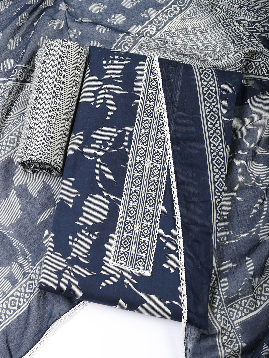 Printed Cotton Blend Unstitched Suit With Dupatta