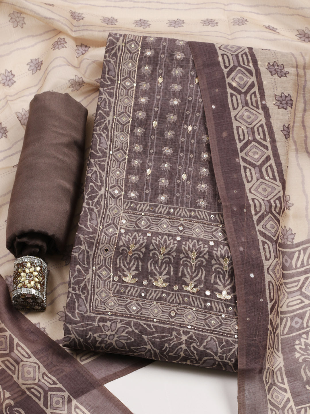 Embroidered Chanderi Unstitched Suit With Pant &amp; Dupatta