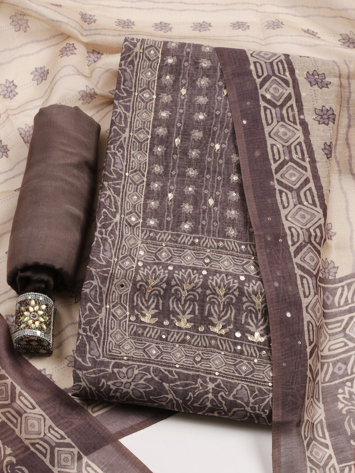 Embroidered Chanderi Unstitched Suit With Pant &amp; Dupatta