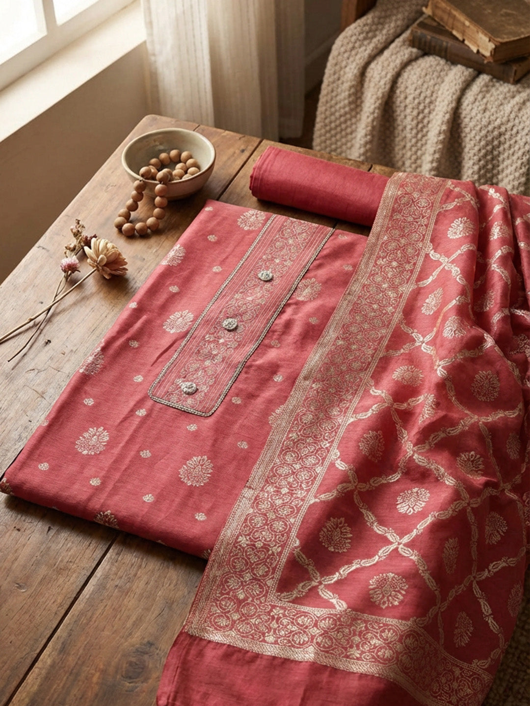 Embroidered Chanderi Unstitched Suit With Pant &amp; Dupatta