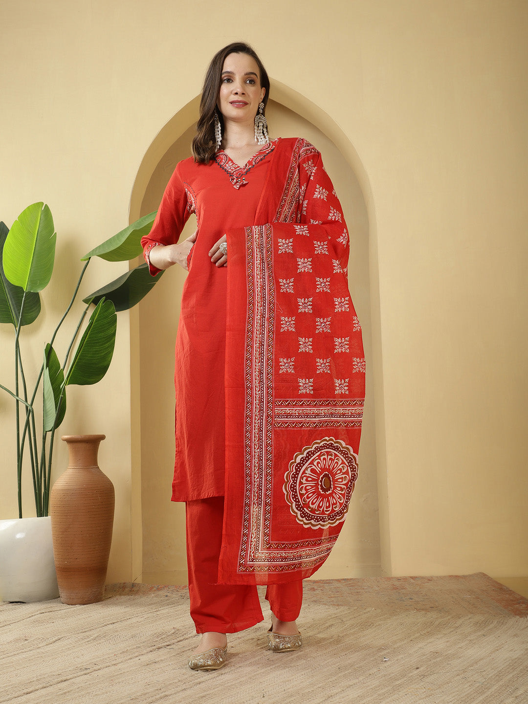 Printed Cotton Blend Kurta With Pants & Dupatta