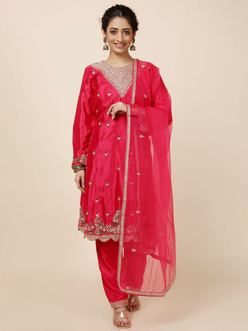 Zari Neck Embroidered Chinnon Kurti With Pants & Dupatta