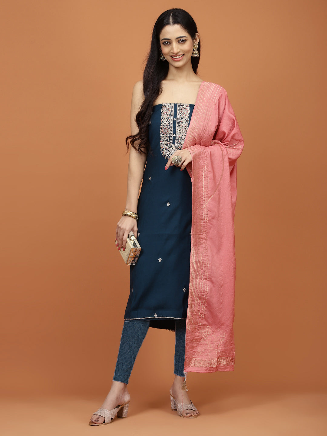Neck Embroidery Chanderi Unstitched Suit Piece With Dupatta
