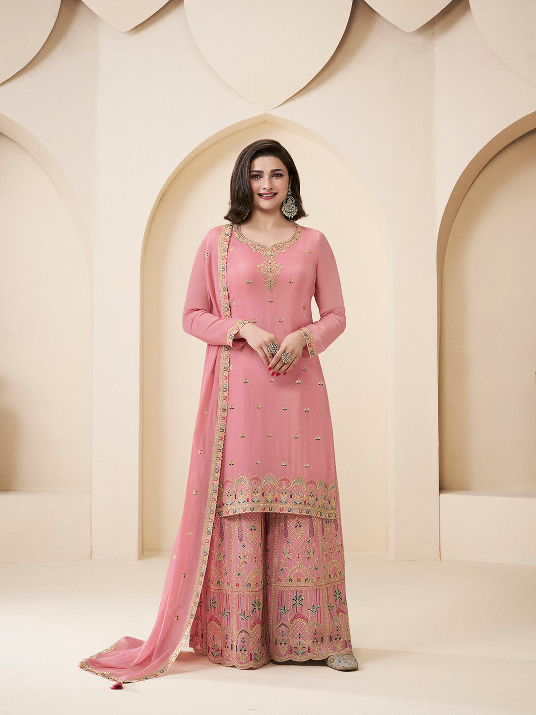Embroidered Chinon Unstitched Suit With Pant &amp; Dupatta