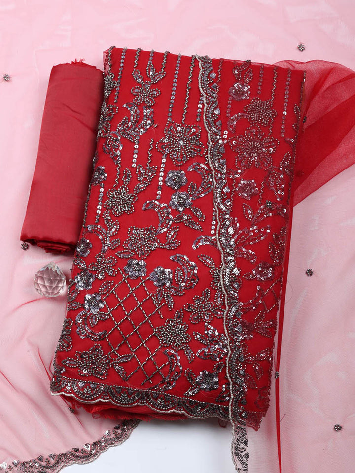 Embroidered Net Unstitched Suit With Pant &amp; Dupatta