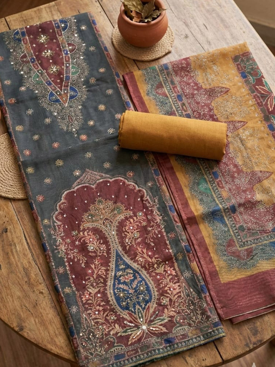 Printed Chanderi Unstitched Suit With Pant &amp; Dupatta