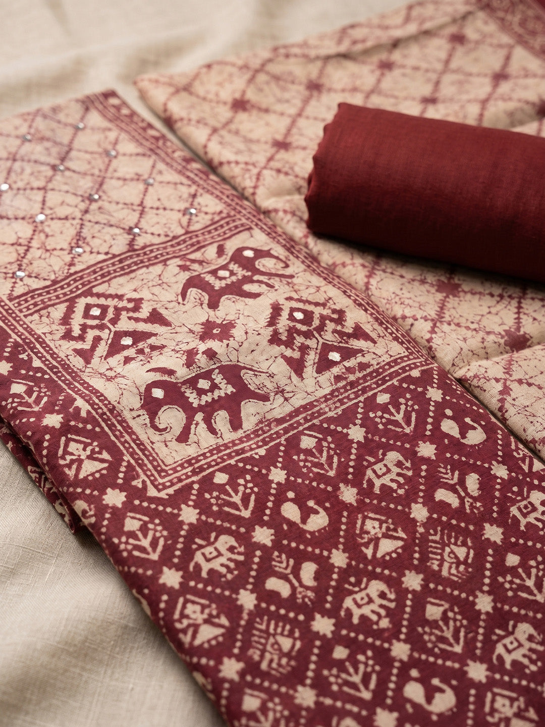 Printed Cotton Blend Unstitched Suit With Pant &amp; Dupatta