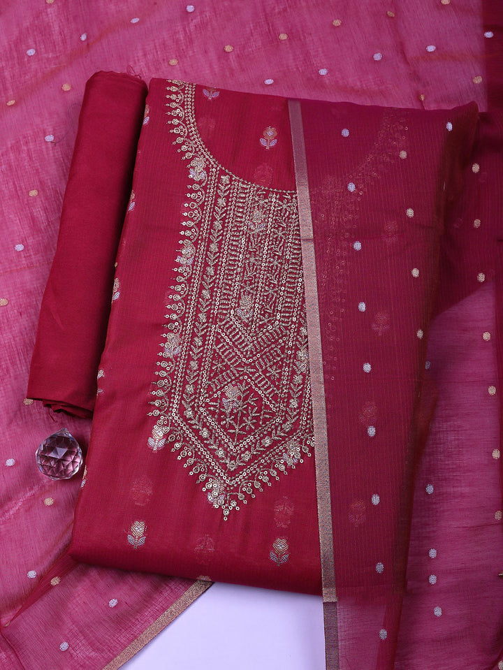 Embroidered Chanderi Unstitched Suit With Pant &amp; Dupatta