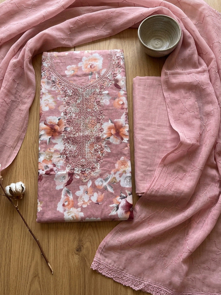 Embroidered Cotton Blend Unstitched Suit With Pant &amp; Dupatta