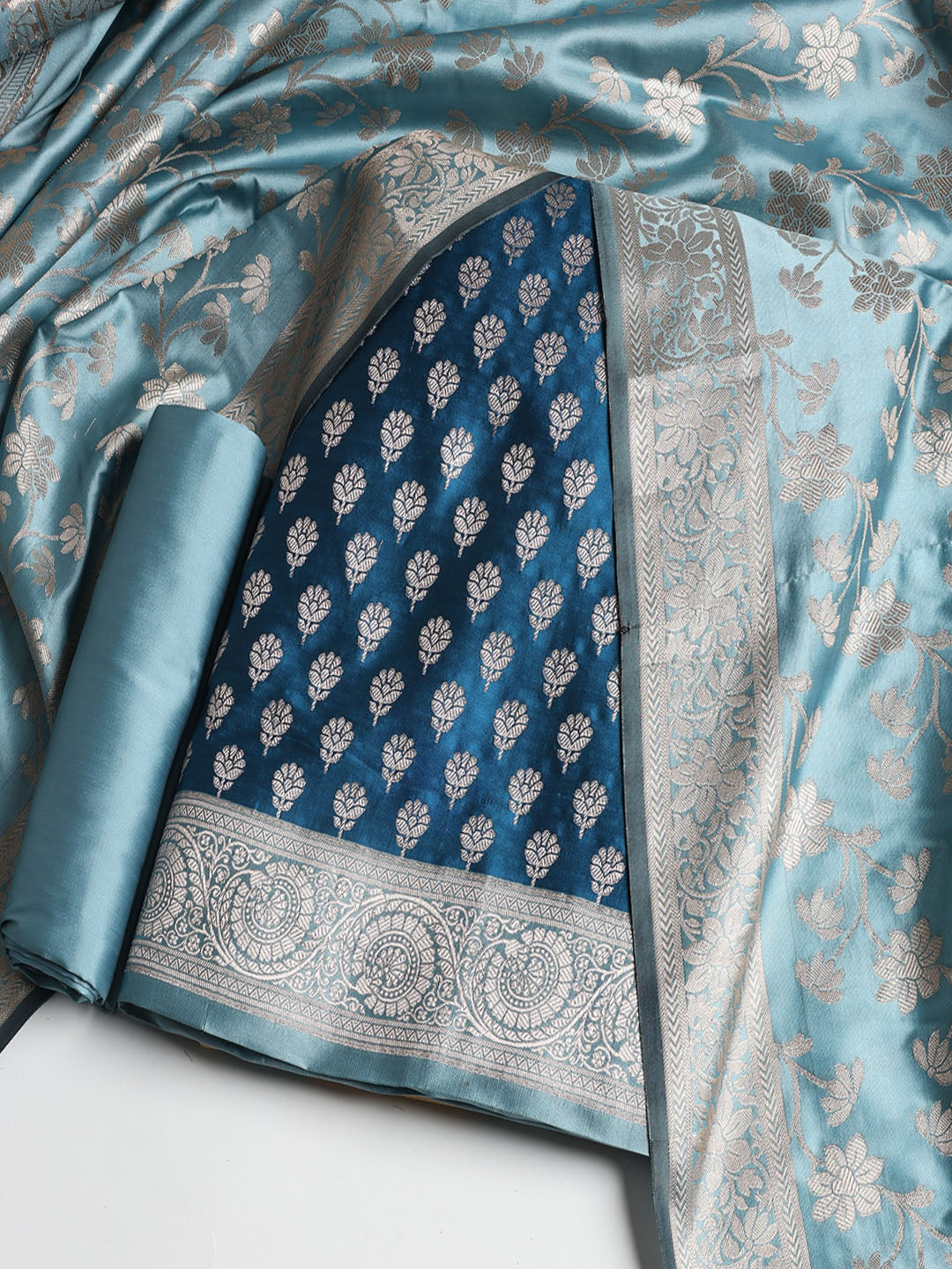 Woven Banarasi Chanderi Unstitched Suit With Dupatta
