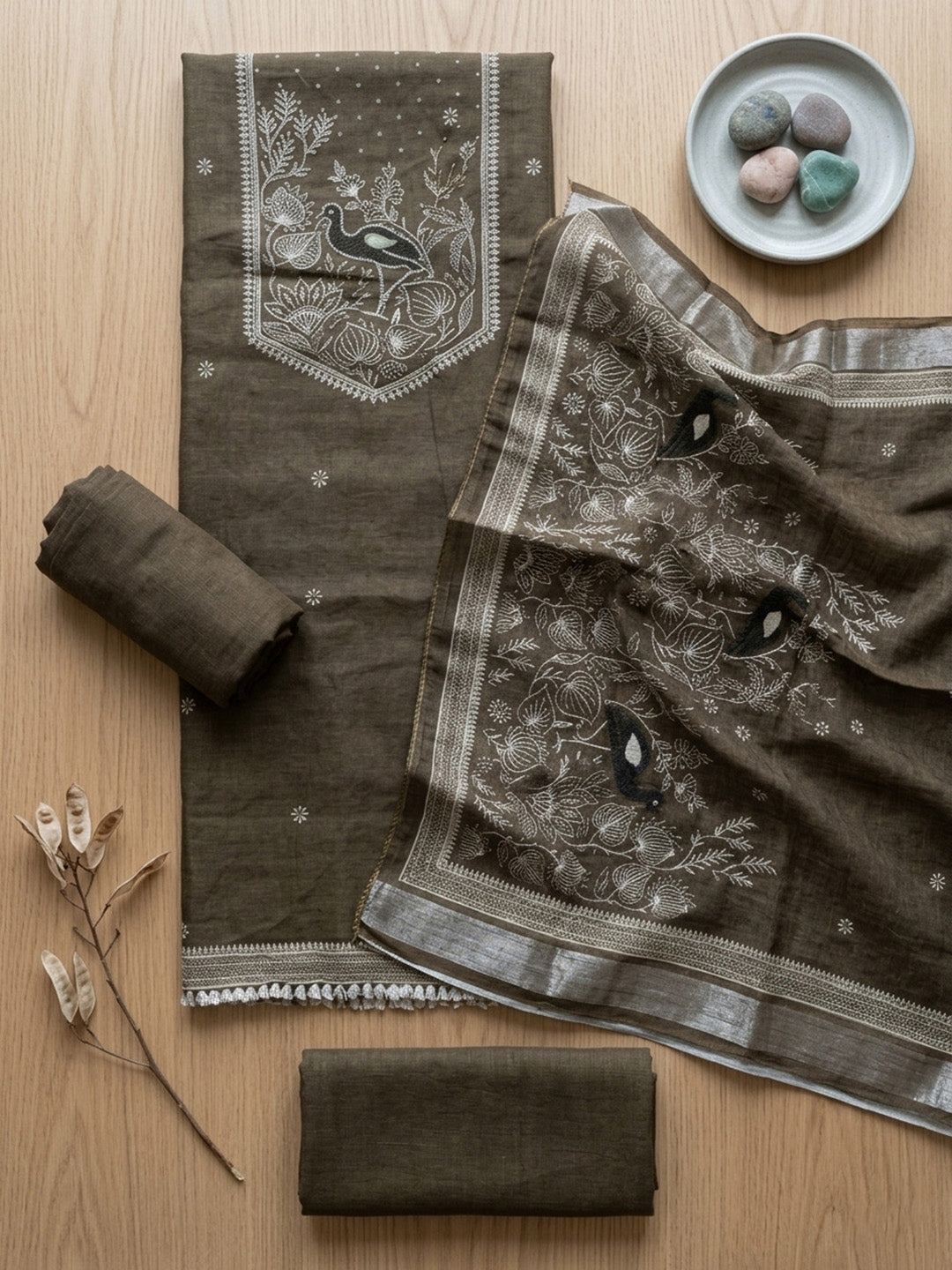 Embroidered Linen Blend Unstitched Suit With Pant &amp; Dupatta