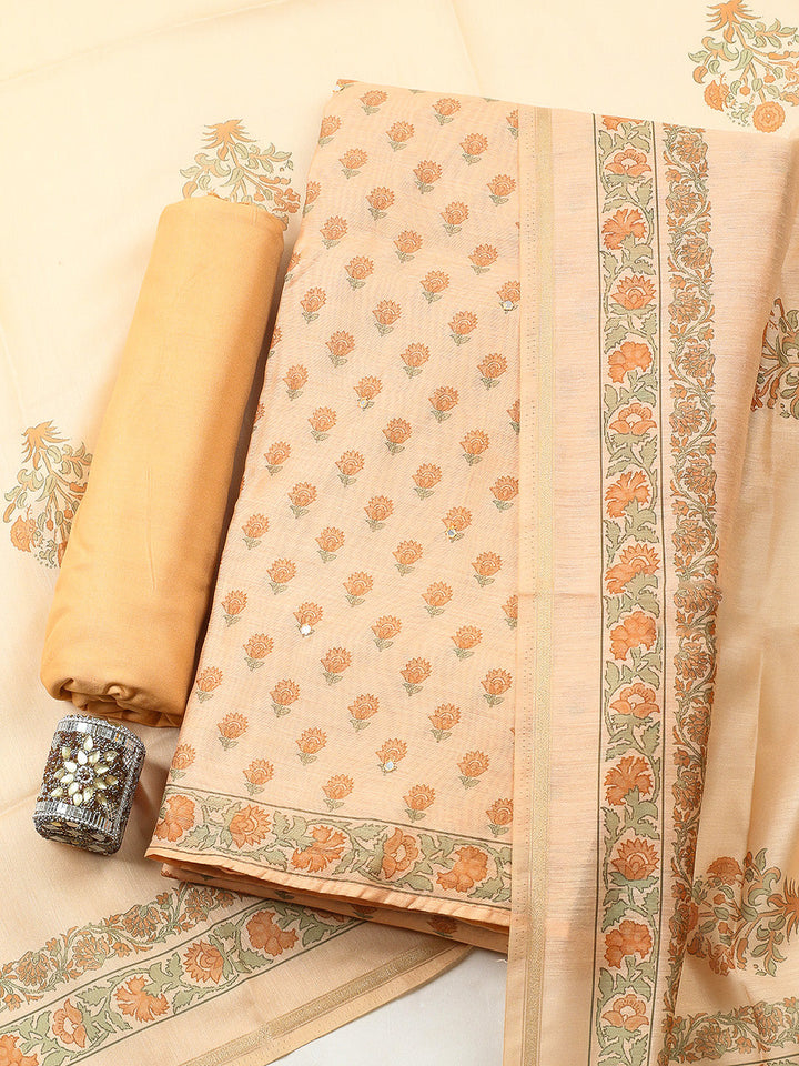 Printed Chanderi Unstitched Suit With Pant &amp; Dupatta