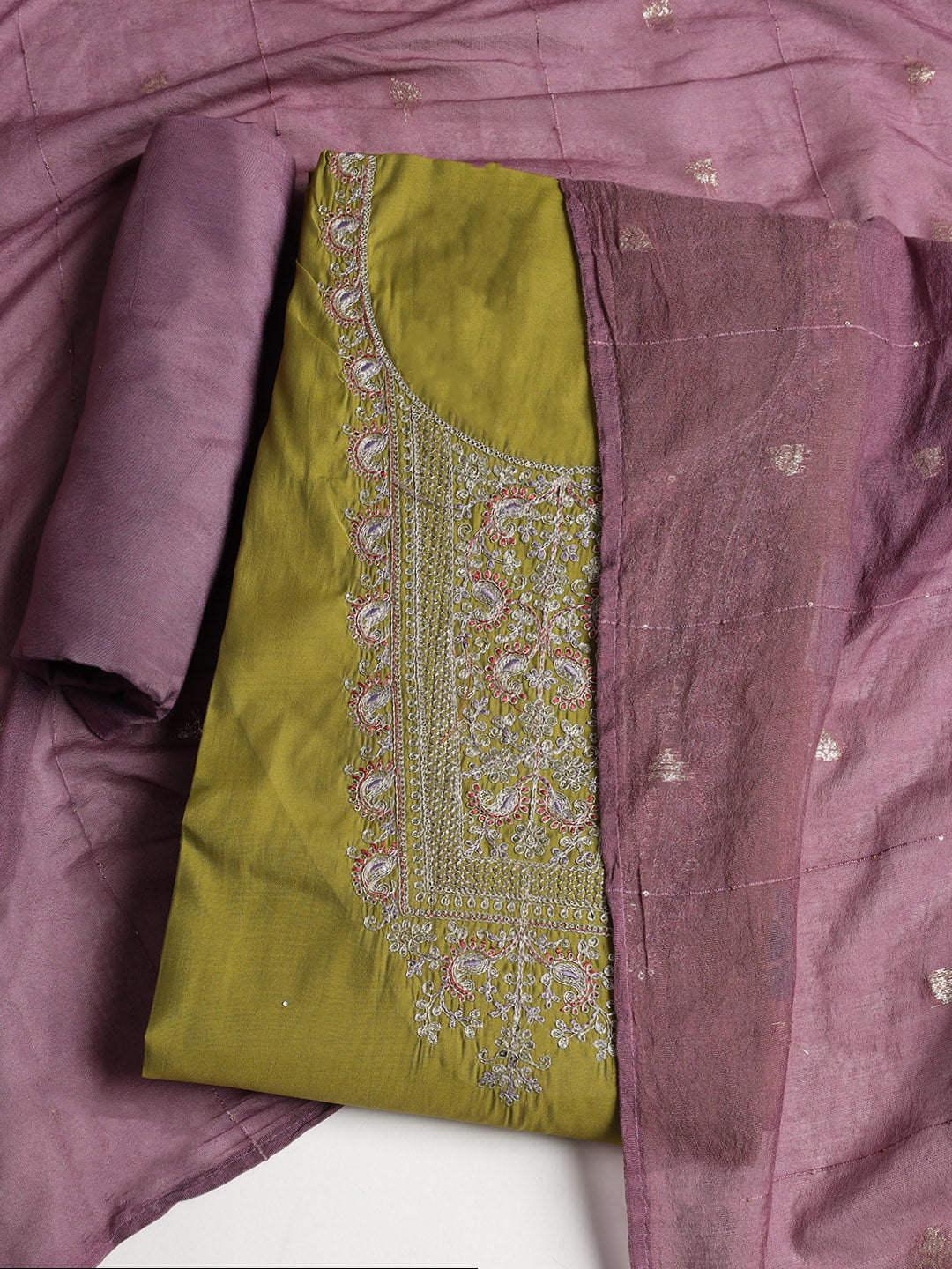 Neck Embroidered Cotton Blend Unstitched Suit With Dupatta