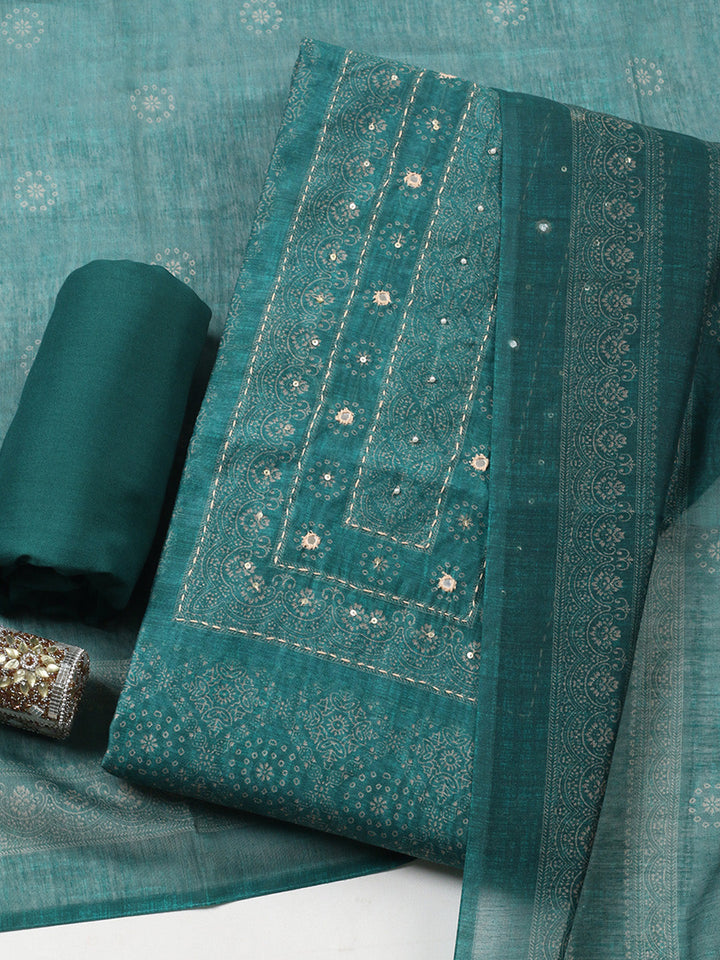 Embroidered Linen Blend Unstitched Suit With Pant &amp; Dupatta