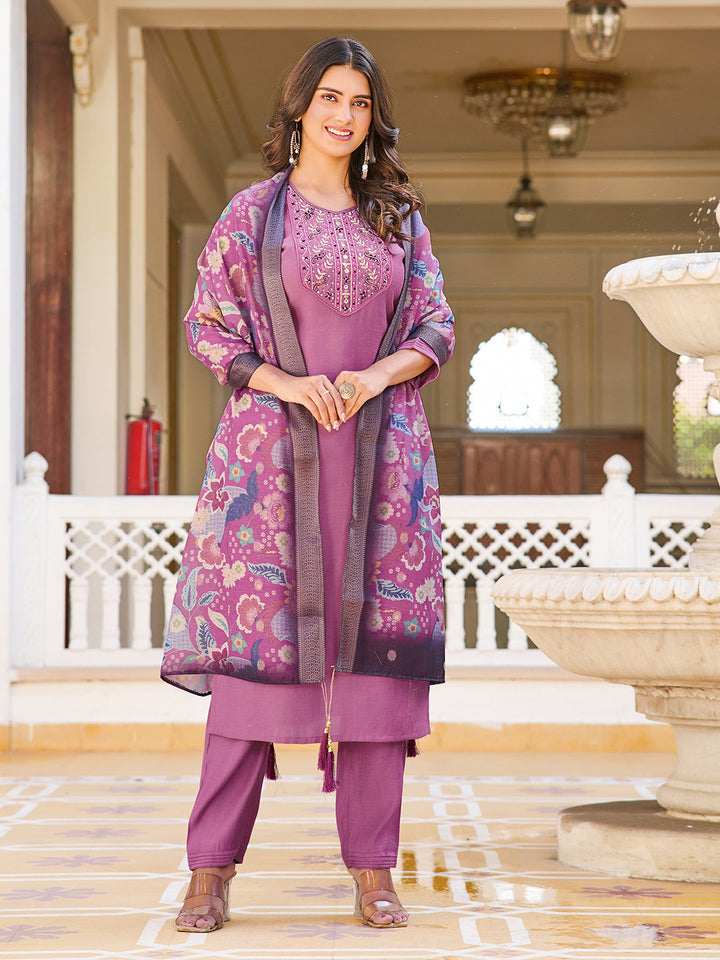 Neck Embroidery Cotton Blend Kurta With Pants &amp; Dupatta