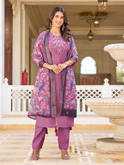 Neck Embroidery Cotton Blend Kurta With Pants & Dupatta