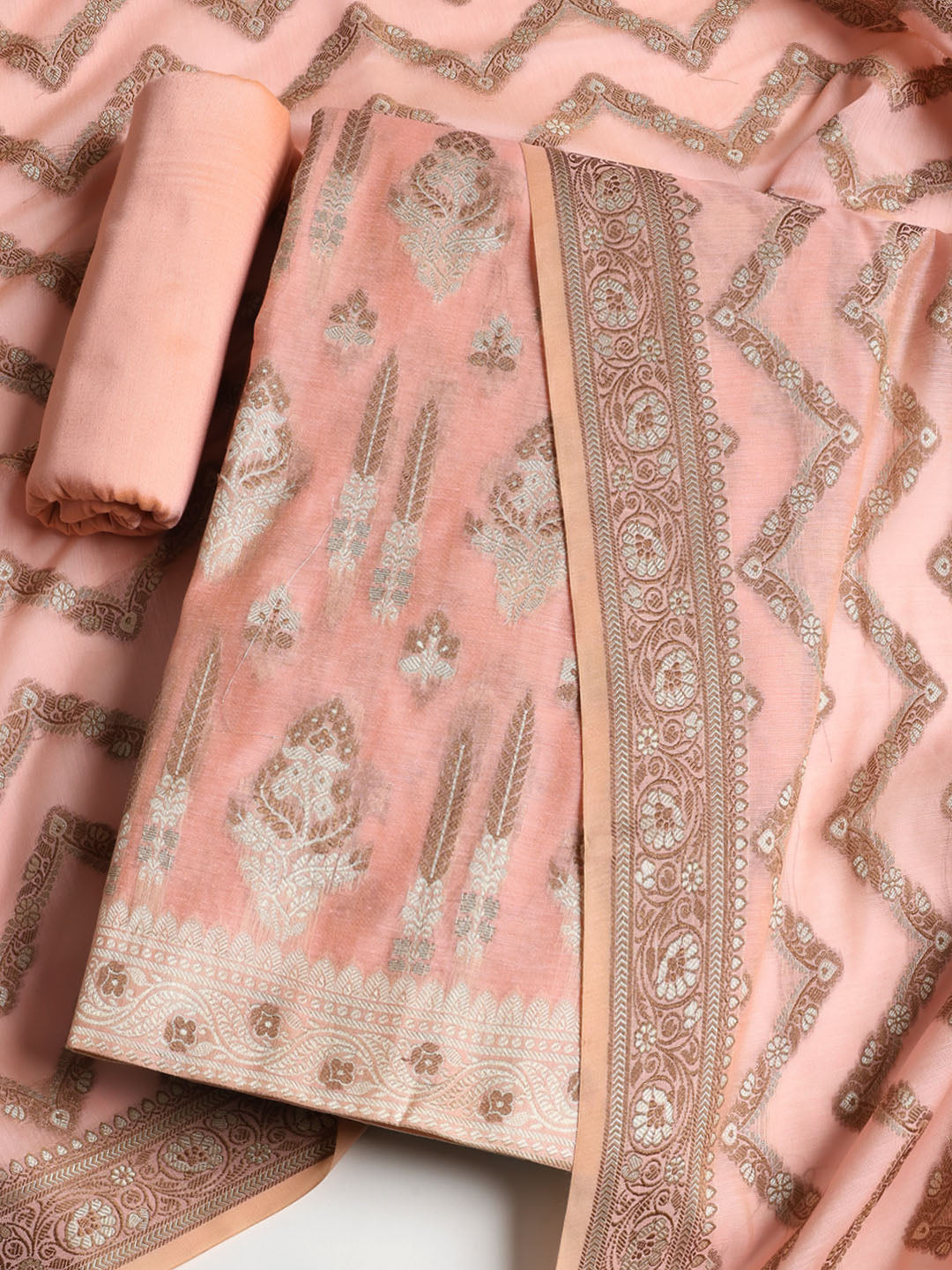 Woven Banarasi Chanderi Unstitched Suit With Dupatta