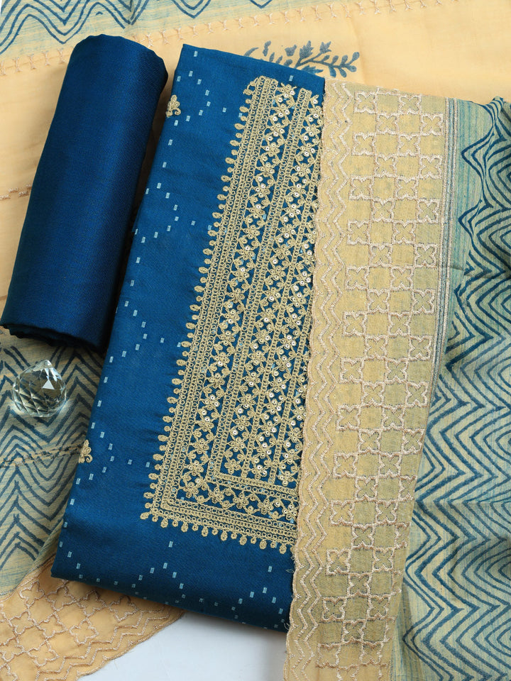 Embroidered Cotton Blend Unstitched Suit With Pant &amp; Dupatta