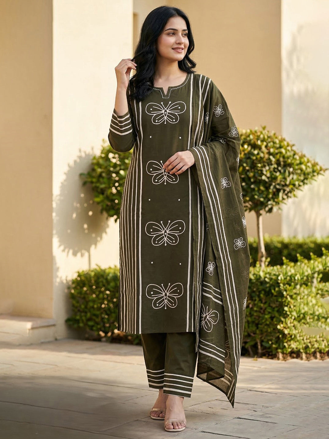 Printed Cotton Blend Kurta With Pant &amp; Dupatta