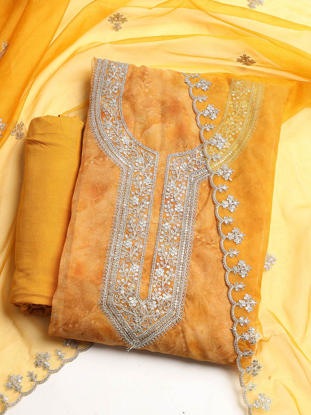 Neck Embroidered Organza Unstitched Suit With Dupatta