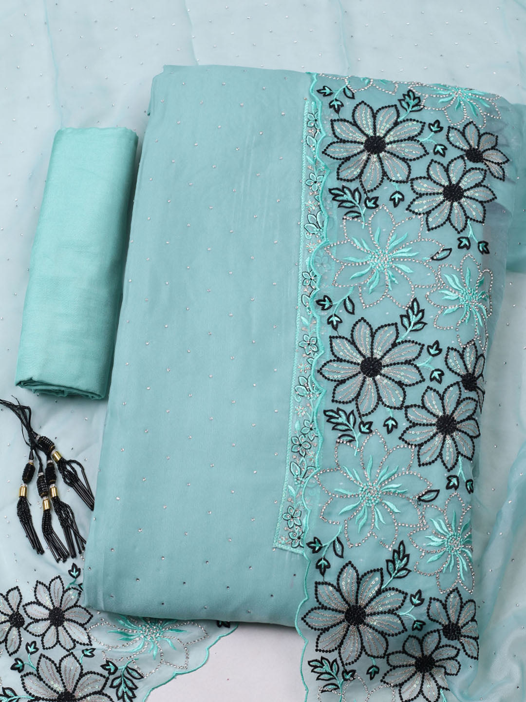Embellished Organza Unstitched Suit With Pant &amp; Dupatta
